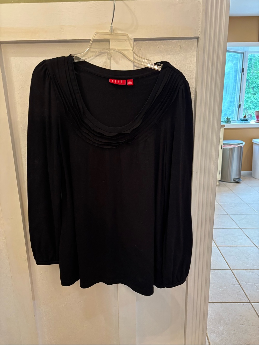 ELLE Black Long Sleeve Knit Top with Ruffle Neckline